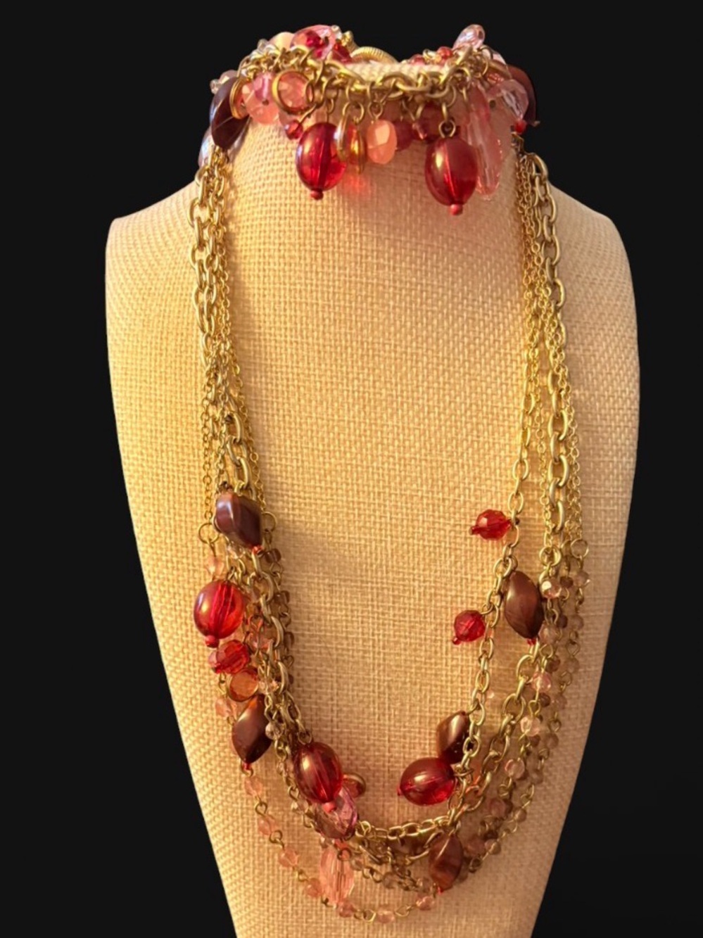 🦖 5 for $20 Multi-Strand Necklace and Bracelet Set with Red Pink Beads